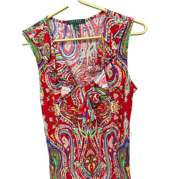 Lauren Ralph Lauren Sleeveless Fit & Flare Paisley Ruffle V‑Neck M EUC - Picture 4 of 8